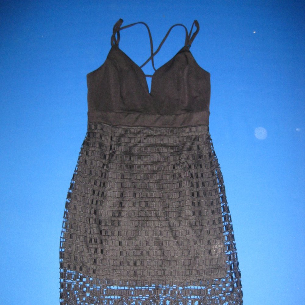 Andree Blue Black Mini Lace Overlay Dress Size Medium M Spaghetti Strap
